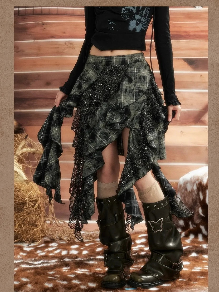 ALL iN plan Moonlight Hunter Asymmetrical Plaid Mesh Skirt Skirt