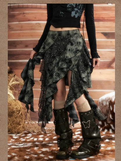 ALL iN plan Moonlight Hunter Asymmetrical Plaid Mesh Skirt Skirt