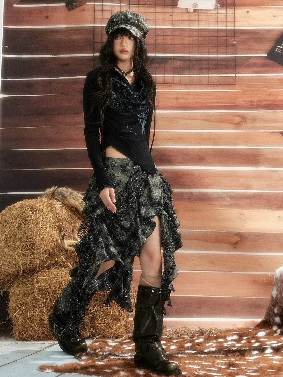 ALL iN plan Moonlight Hunter Asymmetrical Plaid Mesh Skirt Skirt