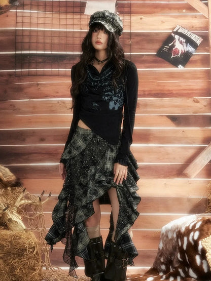 ALL iN plan Moonlight Hunter Asymmetrical Plaid Mesh Skirt Skirt