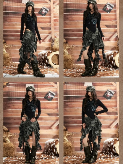 ALL iN plan Moonlight Hunter Asymmetrical Plaid Mesh Skirt Skirt