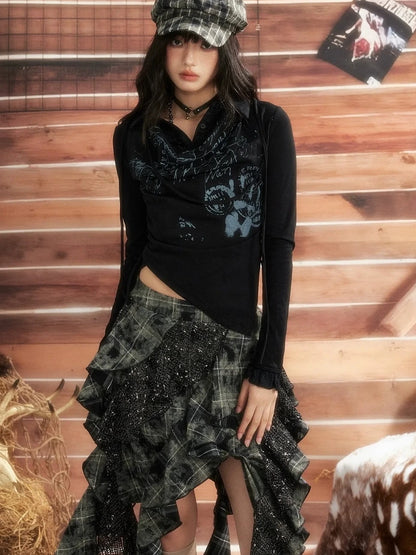 ALL iN plan Moonlight Hunter Asymmetrical Plaid Mesh Skirt Skirt