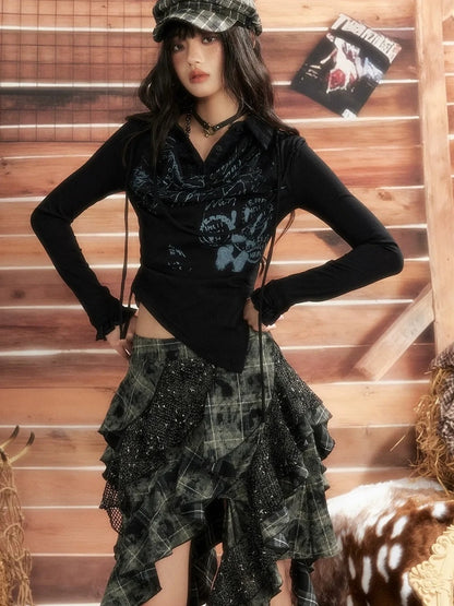 ALL iN plan Moonlight Hunter Asymmetrical Plaid Mesh Skirt Skirt