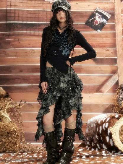 ALL iN plan Moonlight Hunter Asymmetrical Plaid Mesh Skirt Skirt
