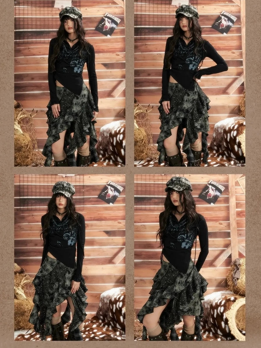 ALL iN plan Moonlight Hunter Asymmetrical Plaid Mesh Skirt Skirt