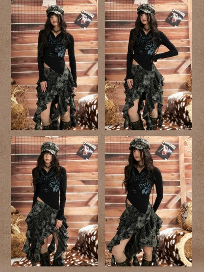 ALL iN plan Moonlight Hunter Asymmetrical Plaid Mesh Skirt Skirt