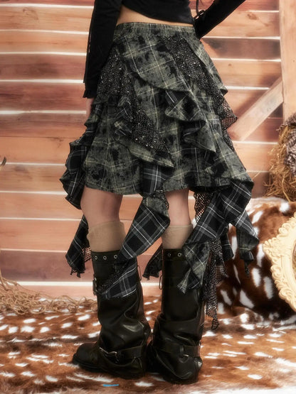 ALL iN plan Moonlight Hunter Asymmetrical Plaid Mesh Skirt Skirt