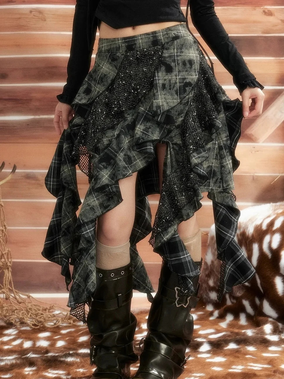ALL iN plan Moonlight Hunter Asymmetrical Plaid Mesh Skirt Skirt