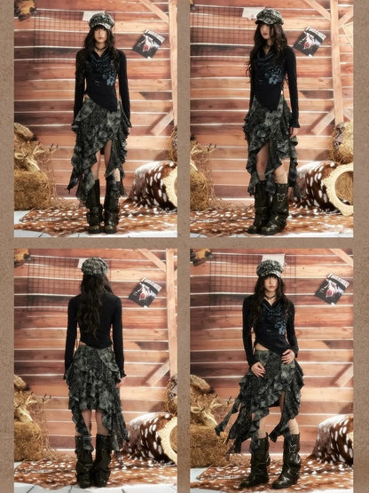 ALL iN plan Moonlight Hunter Asymmetrical Plaid Mesh Skirt Skirt