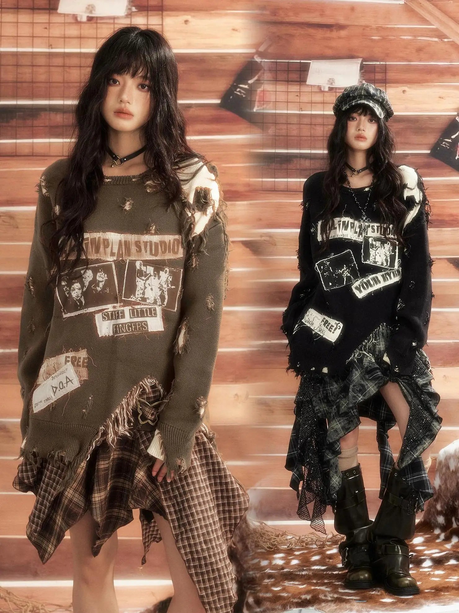 ALL iN plan Moonlight Hunter Distressed Patchwork Sweater V-neck T-shirt Long Sleeve Sweater