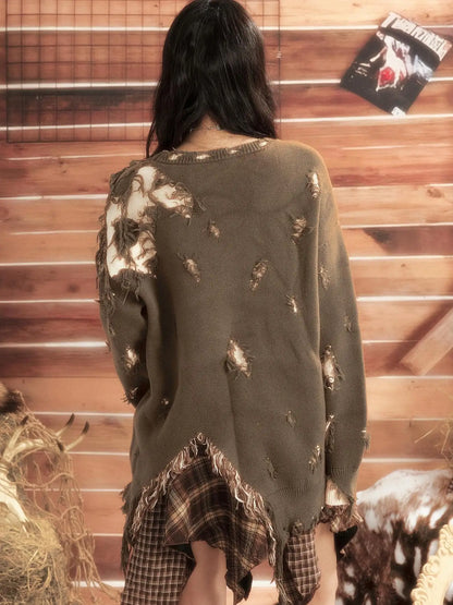 ALL iN plan Moonlight Hunter Distressed Patchwork Sweater V-neck T-shirt Long Sleeve Sweater