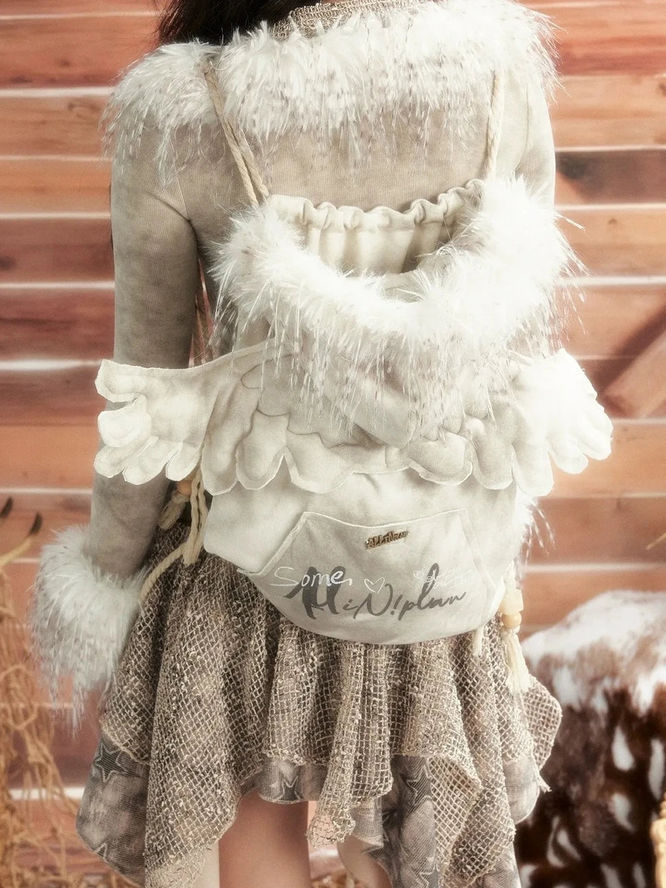 ALL iN plan Moonlight Hunter Fur Trimmed Hooded Backpack Bag