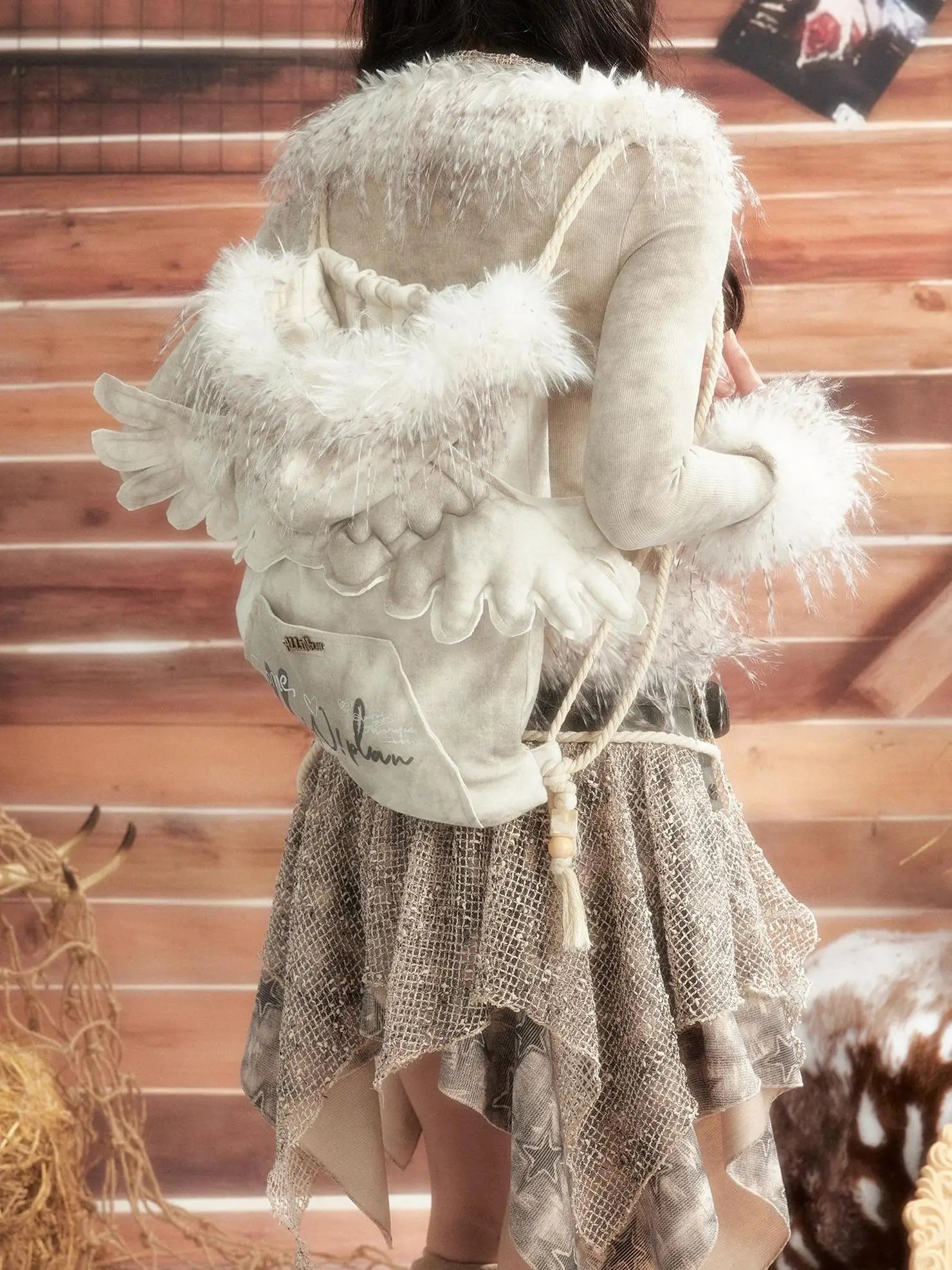 ALL iN plan Moonlight Hunter Fur Trimmed Hooded Backpack Bag