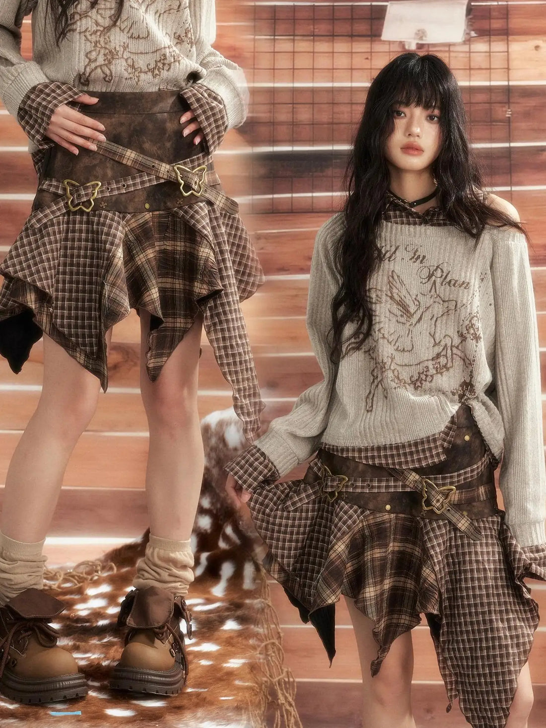 ALL iN plan Moonlight Hunter Plaid Patchwork Asymmetrical Skirt Skirt