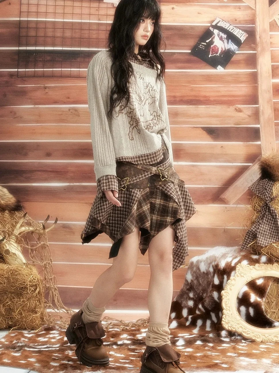 ALL iN plan Moonlight Hunter Plaid Patchwork Asymmetrical Skirt Skirt