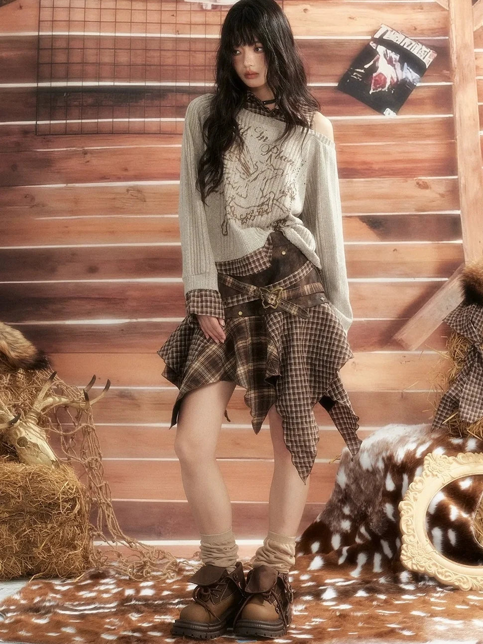 ALL iN plan Moonlight Hunter Plaid Patchwork Asymmetrical Skirt Skirt