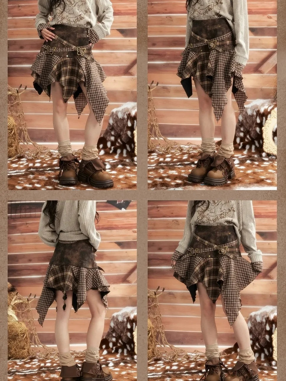 ALL iN plan Moonlight Hunter Plaid Patchwork Asymmetrical Skirt Skirt