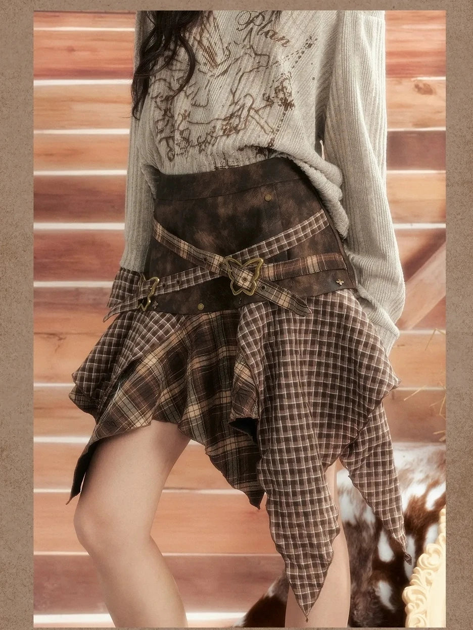 ALL iN plan Moonlight Hunter Plaid Patchwork Asymmetrical Skirt Skirt