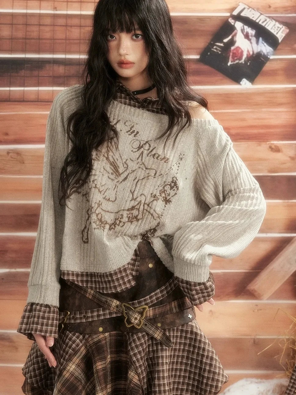 ALL iN plan Moonlight Hunter Plaid Patchwork Asymmetrical Skirt Skirt