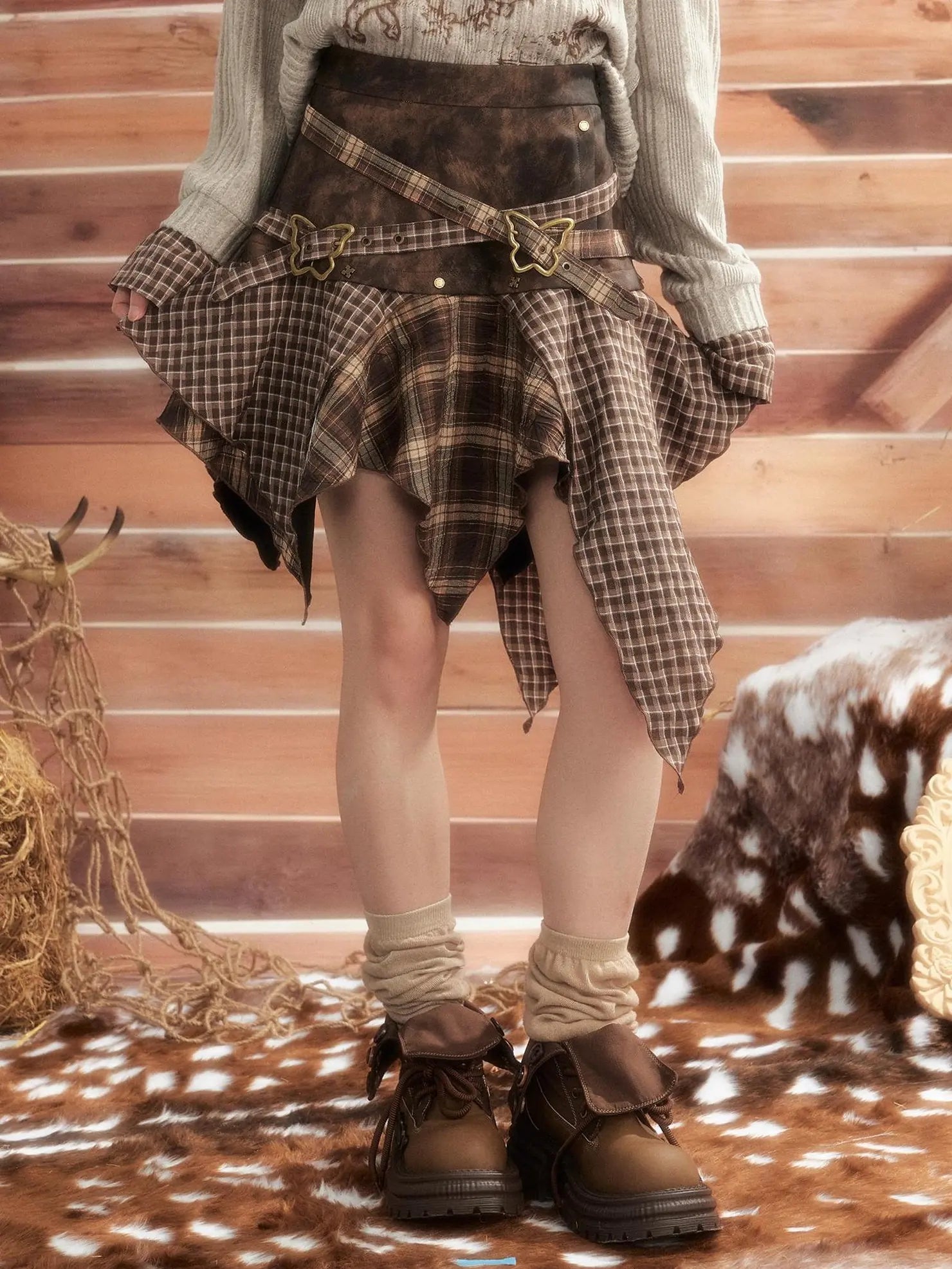 ALL iN plan Moonlight Hunter Plaid Patchwork Asymmetrical Skirt Skirt