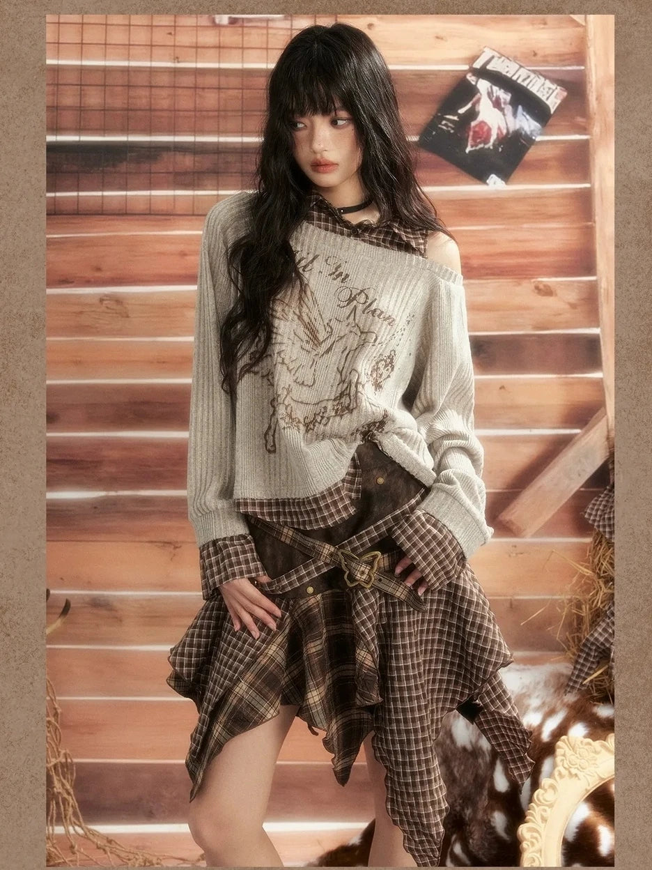 ALL iN plan Moonlight Hunter Plaid Patchwork Asymmetrical Skirt Skirt