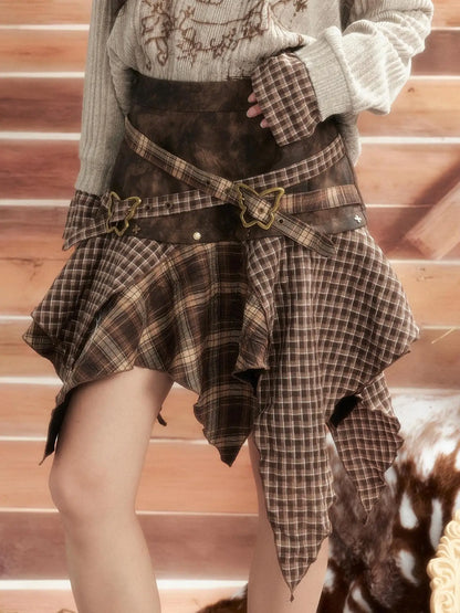 ALL iN plan Moonlight Hunter Plaid Patchwork Asymmetrical Skirt Skirt