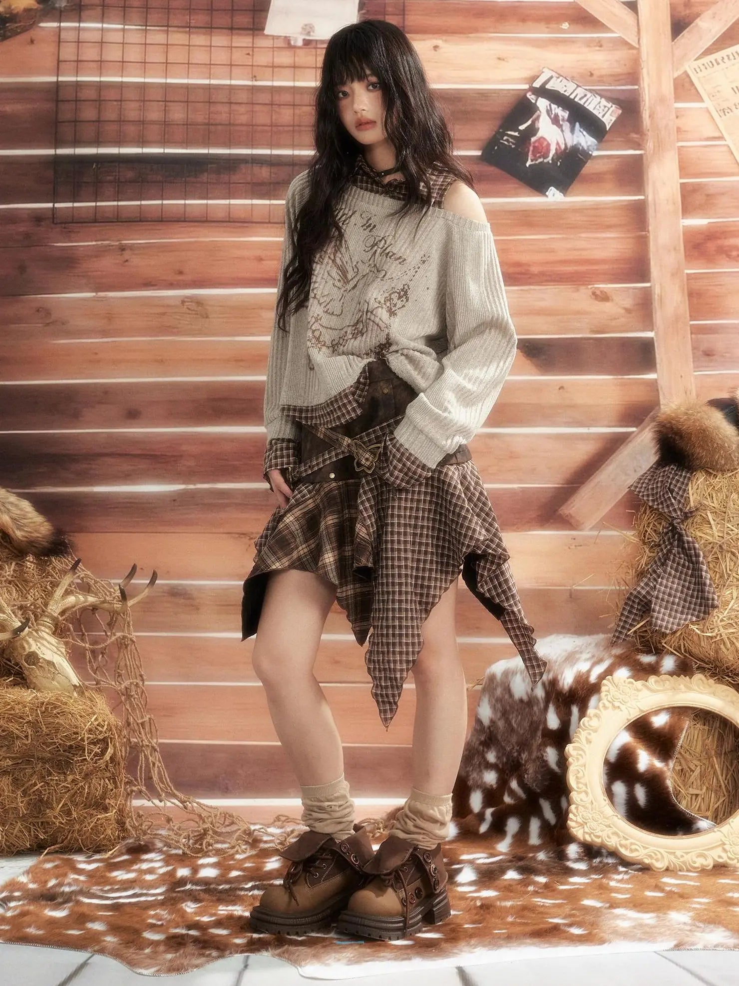 ALL iN plan Moonlight Hunter Plaid Patchwork Asymmetrical Skirt Skirt