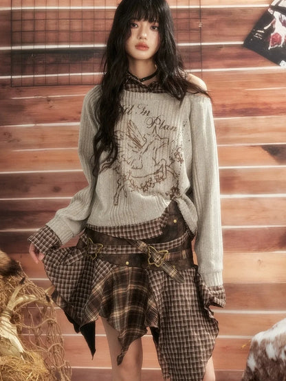 ALL iN plan Moonlight Hunter Plaid Patchwork Asymmetrical Skirt Skirt