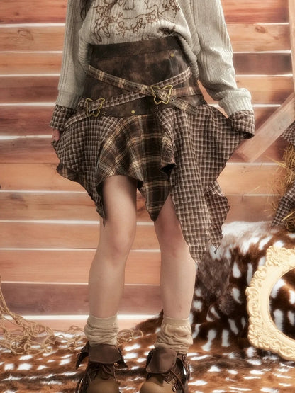 ALL iN plan Moonlight Hunter Plaid Patchwork Asymmetrical Skirt Skirt