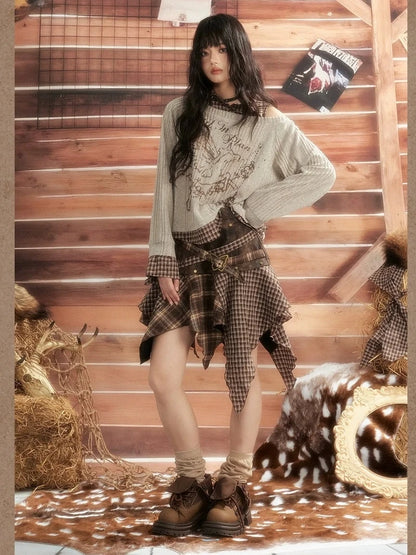 ALL iN plan Moonlight Hunter Plaid Patchwork Asymmetrical Skirt Skirt