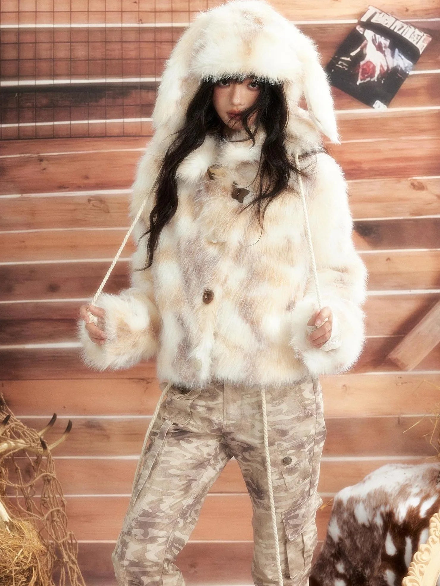 ALL iN plan Moonlight Hunter Plush Stand Collar Fur Coat Jacket