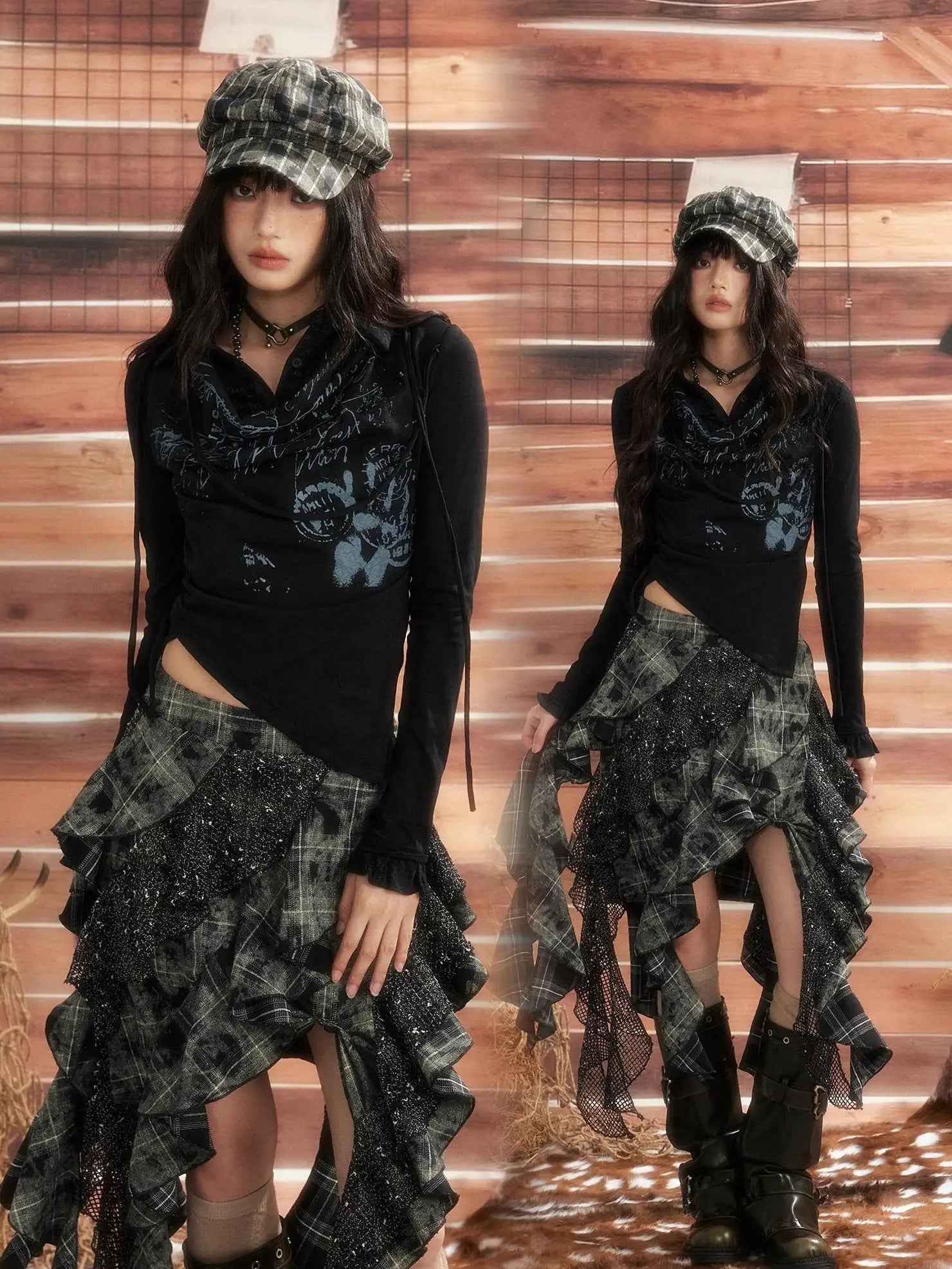 ALL iN plan Moonlight Hunter Retro Graffiti Knit V-neck T-shirt Long Sleeve Top Cardigan