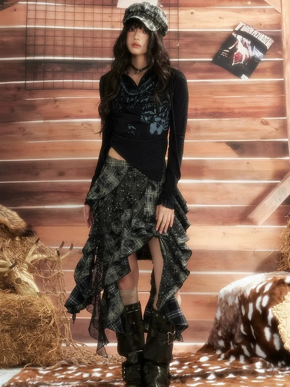 ALL iN plan Moonlight Hunter Retro Graffiti Knit V-neck T-shirt Long Sleeve Top Cardigan