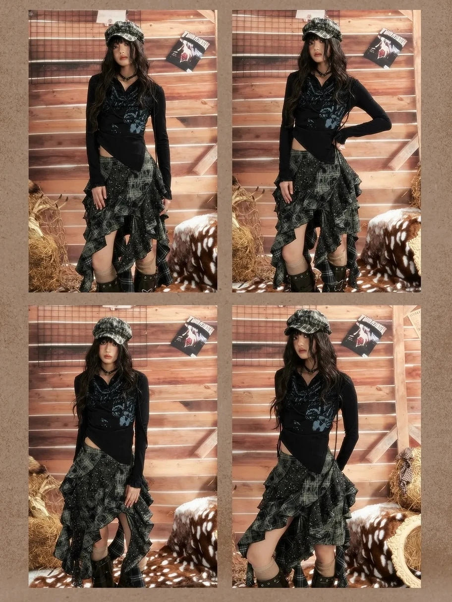 ALL iN plan Moonlight Hunter Retro Graffiti Knit V-neck T-shirt Long Sleeve Top Cardigan