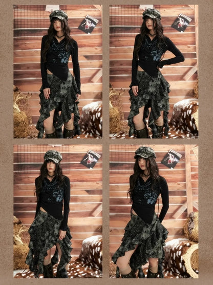 ALL iN plan Moonlight Hunter Retro Graffiti Knit V-neck T-shirt Long Sleeve Top Cardigan