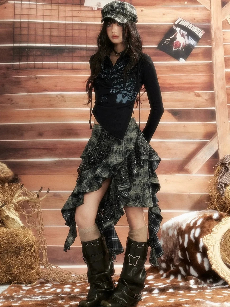 ALL iN plan Moonlight Hunter Retro Graffiti Knit V-neck T-shirt Long Sleeve Top Cardigan