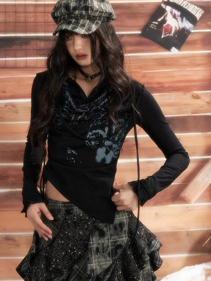 ALL iN plan Moonlight Hunter Retro Graffiti Knit V-neck T-shirt Long Sleeve Top Cardigan