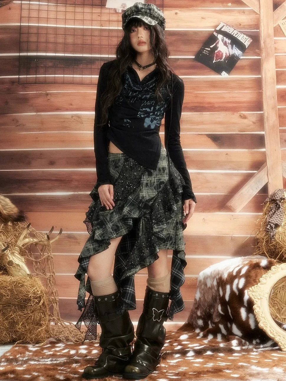 ALL iN plan Moonlight Hunter Retro Graffiti Knit V-neck T-shirt Long Sleeve Top Cardigan