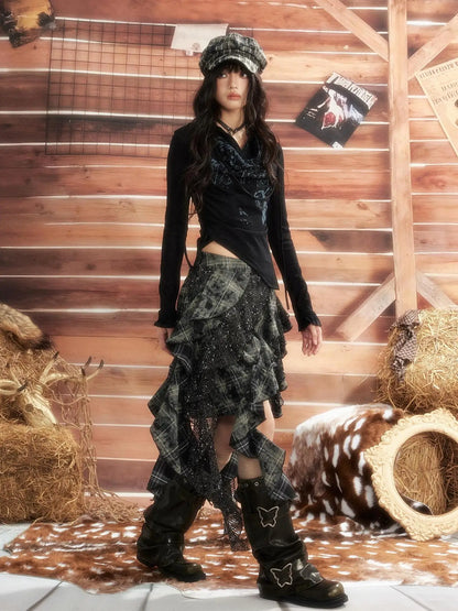 ALL iN plan Moonlight Hunter Retro Graffiti Knit V-neck T-shirt Long Sleeve Top Cardigan