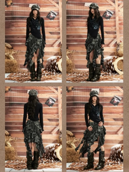 ALL iN plan Moonlight Hunter Retro Graffiti Knit V-neck T-shirt Long Sleeve Top Cardigan