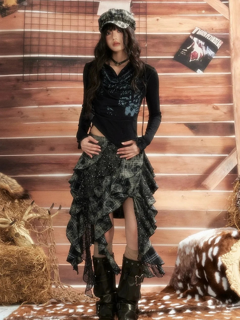 ALL iN plan Moonlight Hunter Retro Graffiti Knit V-neck T-shirt Long Sleeve Top Cardigan