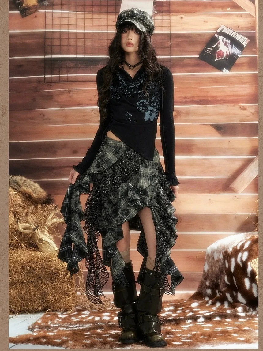 ALL iN plan Moonlight Hunter Retro Graffiti Knit V-neck T-shirt Long Sleeve Top Cardigan