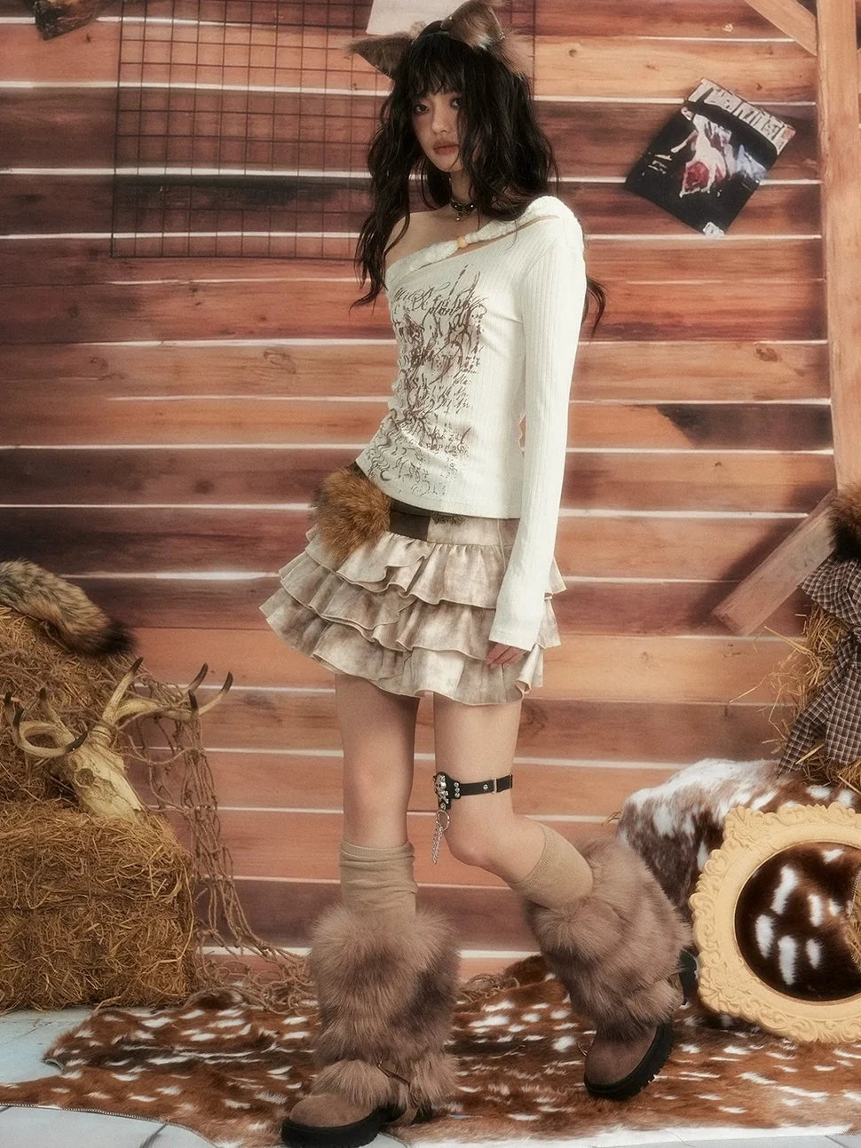 ALL iN plan Moonlight Hunter Slant Shoulder Print Knit Top Cardigan