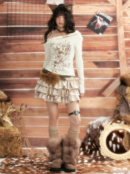 ALL iN plan Moonlight Hunter Slant Shoulder Print Knit Top Cardigan