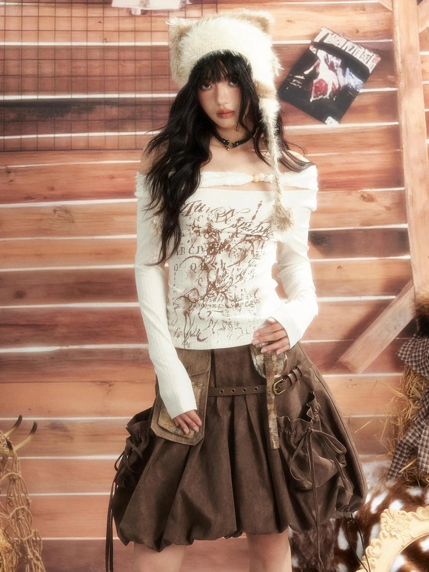 ALL iN plan Moonlight Hunter Slant Shoulder Print Knit Top Cardigan