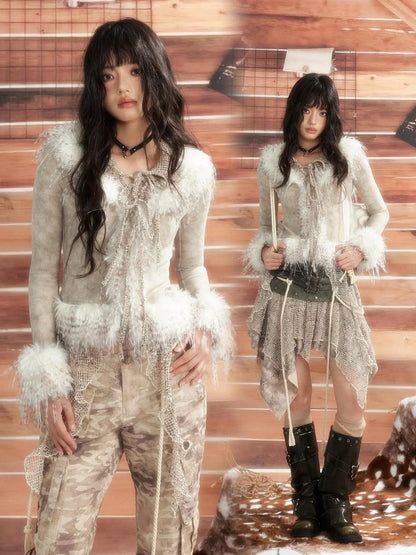 ALL iN plan Moonlight Hunter Tie Dye Mesh Fur Trim Top Cardigan