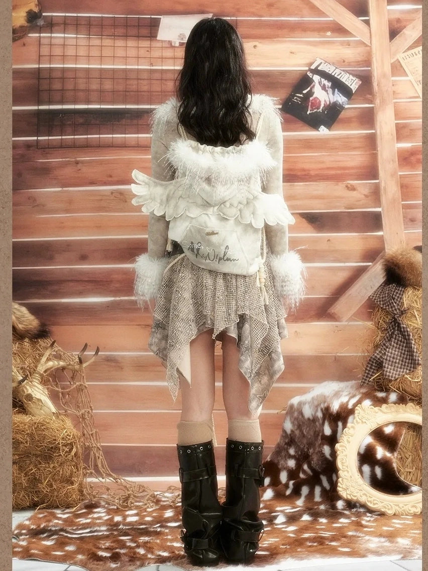 ALL iN plan Moonlight Hunter Tie Dye Mesh Fur Trim Top Cardigan