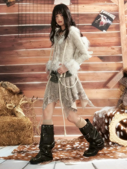 ALL iN plan Moonlight Hunter Tie Dye Mesh Fur Trim Top Cardigan