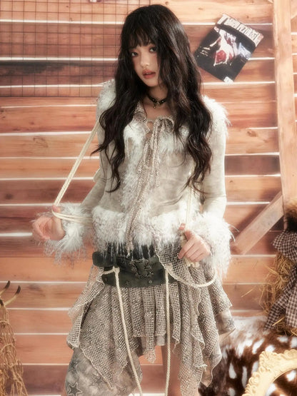 ALL iN plan Moonlight Hunter Tie Dye Mesh Fur Trim Top Cardigan