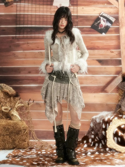 ALL iN plan Moonlight Hunter Tie Dye Mesh Fur Trim Top Cardigan